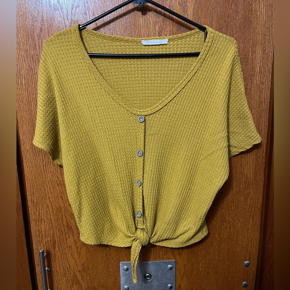 Caution to the Wind Mustard Yellow Waffle Knit Top
